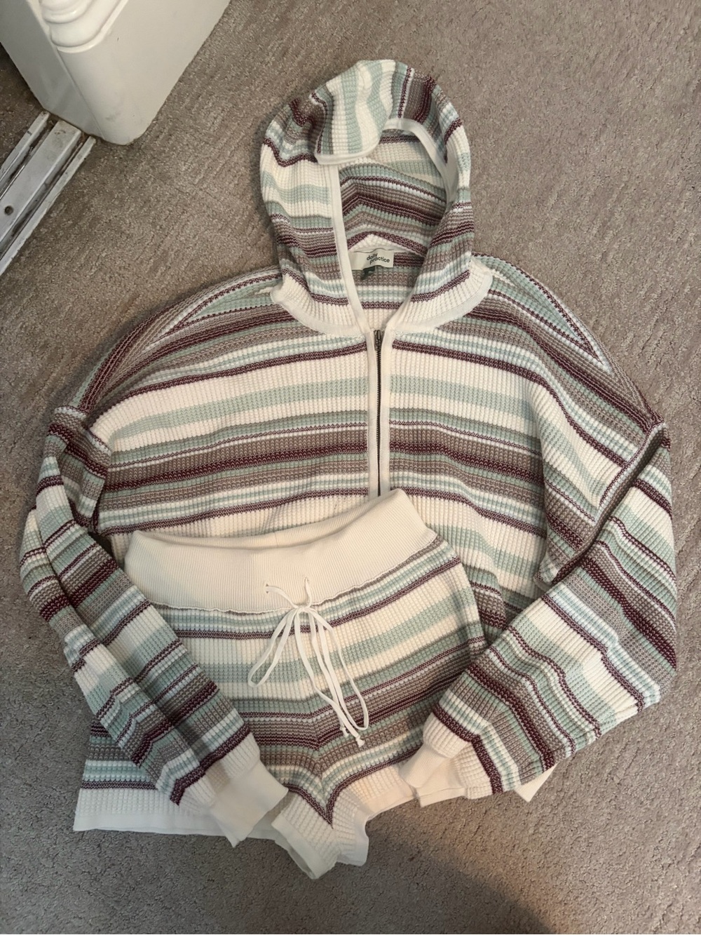 Anthropologie Striped Hooded Zip Sweater in Cream, Mint & Mauve